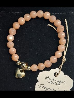 Handcrafted Peach Moonstone Bead Bracelet with Gold Beads & Gold Heart Charm